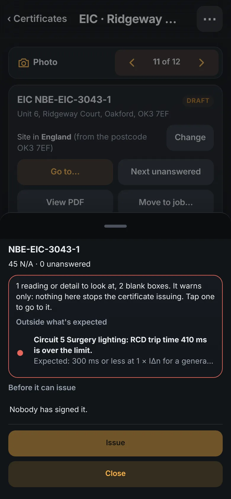 Check and issue on a phone: what verification found, and that nobody has signed it yet