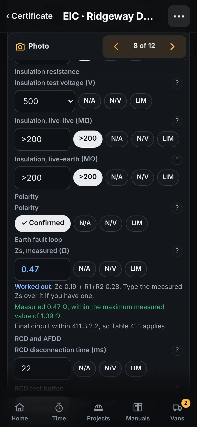 A circuit's test results on a phone. Zs 0.47 ohms, worked out from Ze 0.19 plus R1 + R2 0.28, within the maximum measured value of 1.09 ohms