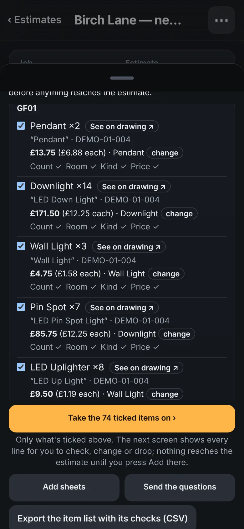 Priced items on a phone, each with its four ticks