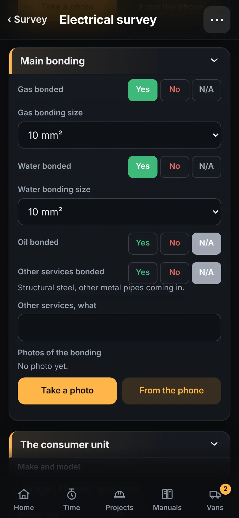 A survey form on a phone. Main bonding: gas bonded yes, 10 mm², water bonded yes, 10 mm², oil not applicable