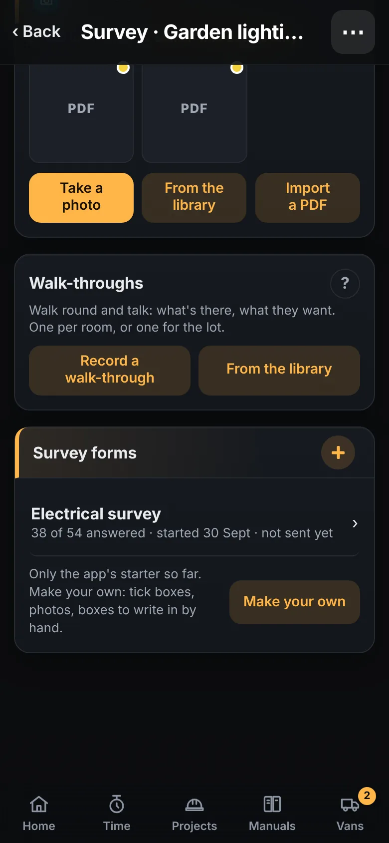 A survey on a phone: photos and documents, walk-throughs, and the survey forms
